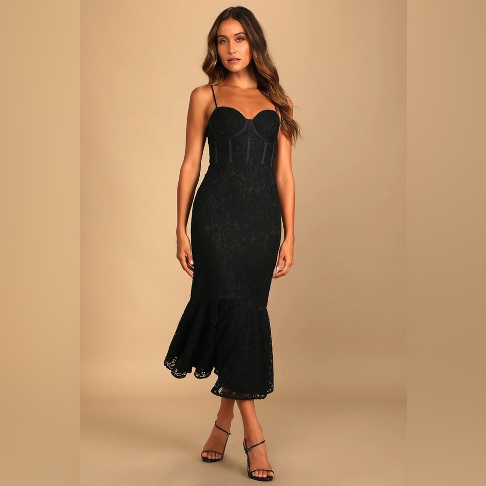 Lulus Found Your Love Black Lace Sleeveless Trumpet Midi Dress